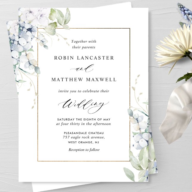 Invitación Elegante Boda floral blanco y azul y verde (Subido por el creador)