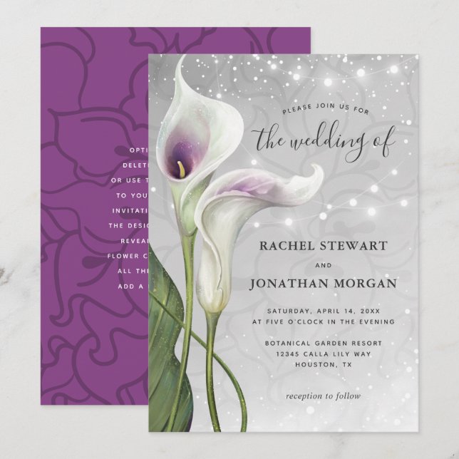 Invitación Elegante Boda Floral Blanco y Morado Calla Lily (Anverso / Reverso)
