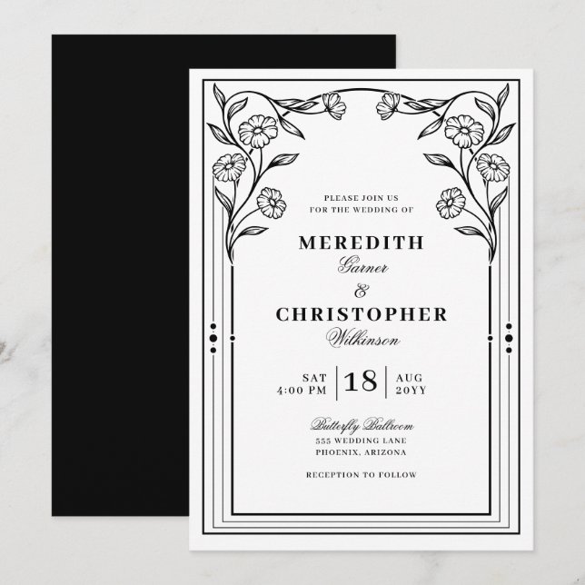 Invitación Elegante Boda floral blanco y negro (Anverso / Reverso)