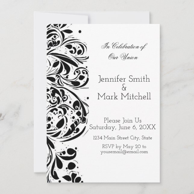 Invitación Elegante Boda floral blanco y negro (Anverso)