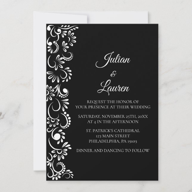 Invitación Elegante boda floral blanco y negro (Anverso)