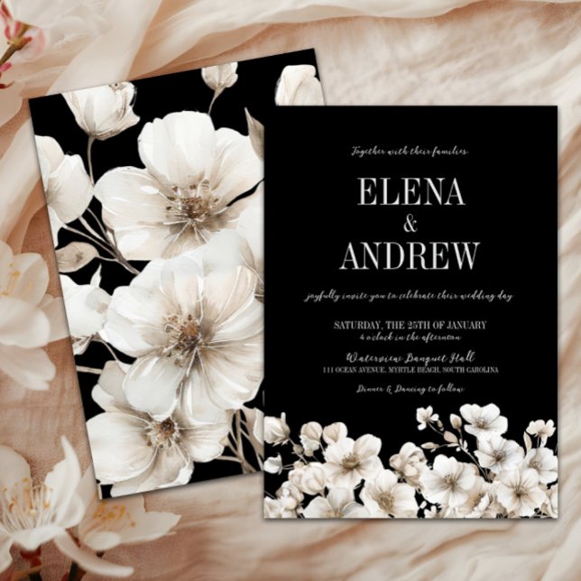 Invitación Elegante Boda floral blanco y negro (Elegant Black & White Floral Wedding Invitation, Winter Wedding, Fall Autumn Flowers, Love in Bloom)