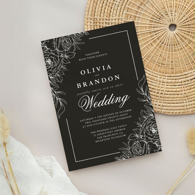 Invitación Elegante Boda floral blanco y negro (Subido por el creador)