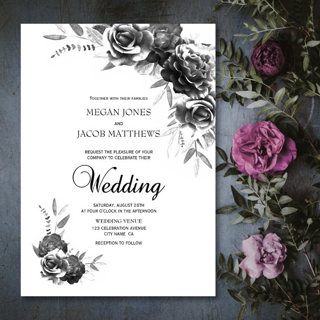 Invitación Elegante Boda floral blanco y negro (Subido por el creador)