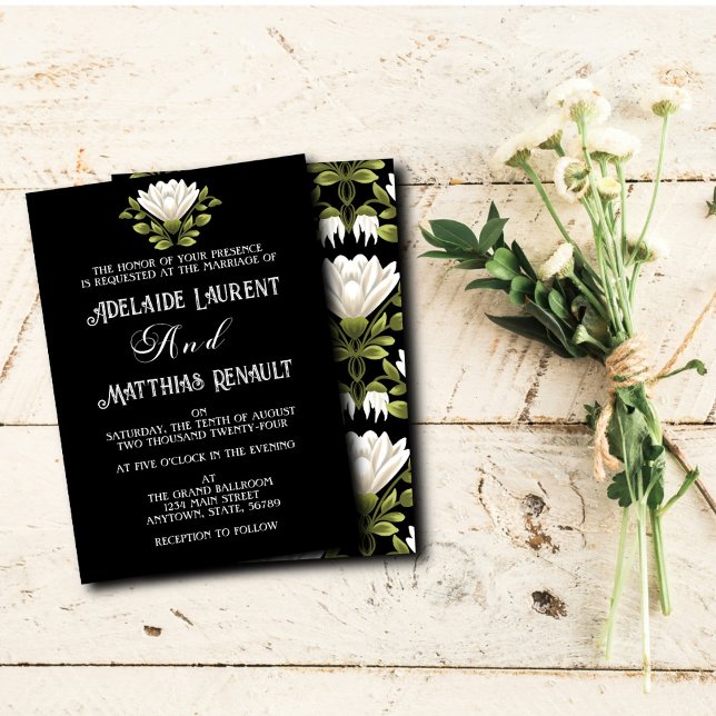 Invitación Elegante Boda floral blanco y negro: caligrafía (Subido por el creador)