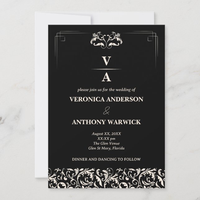 Invitación Elegante Boda floral blanco y negro victoriano (Anverso)