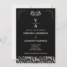 Invitación Elegante Boda floral blanco y negro victoriano