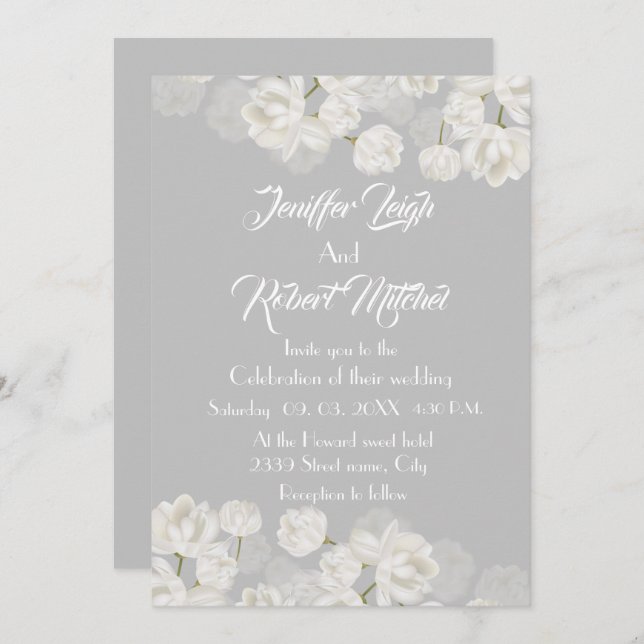 Invitación Elegante boda floral blanco y plateado (Anverso / Reverso)