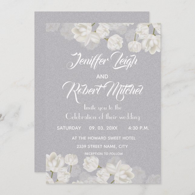 Invitación Elegante boda floral blanco y plateado (Anverso / Reverso)