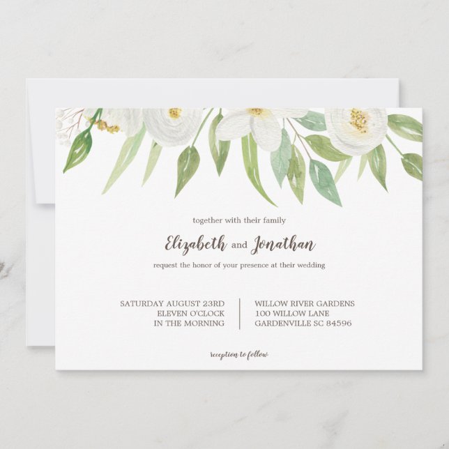 Invitación Elegante Boda floral blanco y verde (Anverso)