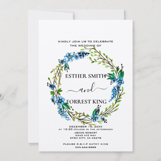 Invitación Elegante Boda floral Blue Flowers Purple Berries (Anverso)