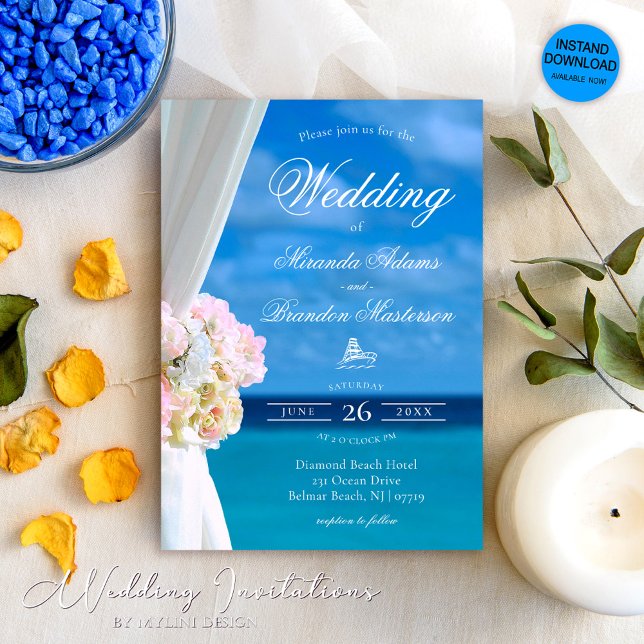 Invitación Elegante Boda Floral Blue Ocean Beach (Subido por el creador)