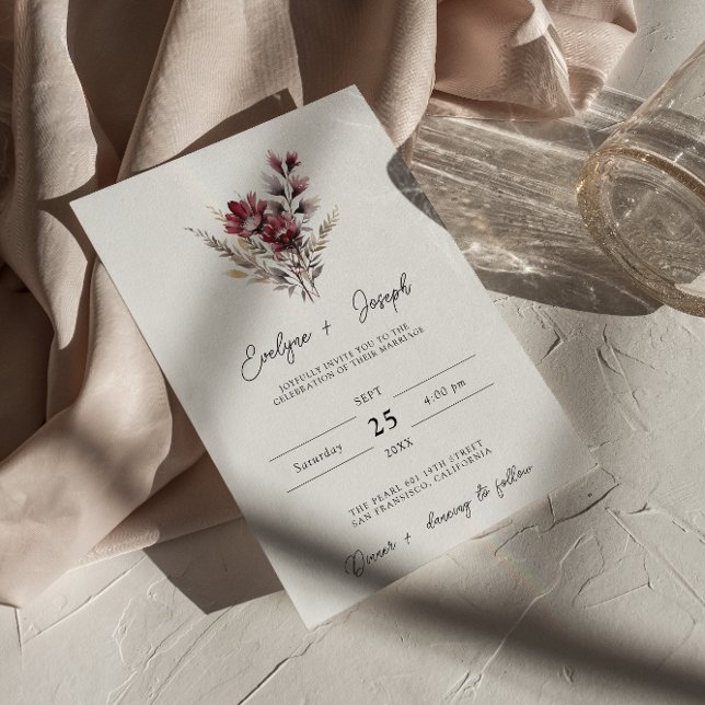 Invitación Elegante Boda Floral Boho Borgoña (Subido por el creador)