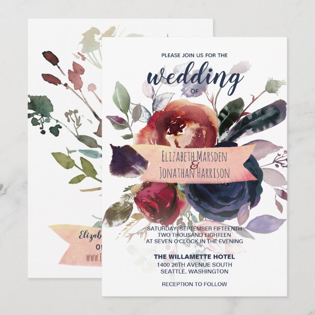 Invitación Elegante Boda floral Boho Burgundy Navy Mauve (Anverso / Reverso)