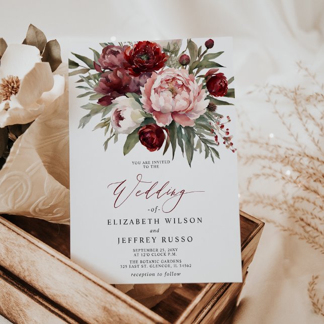 Invitación Elegante Boda Floral Boho Burgundy Rubor (Elegant Boho Burgundy Blush Floral Wedding Invitation)