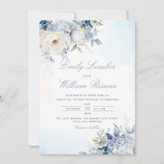 Invitación Elegante Boda Floral Boho de color azul turbio