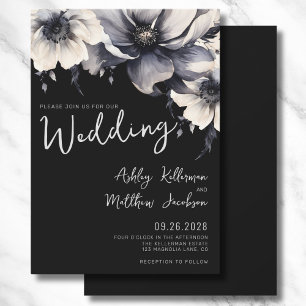 Invitación Elegante Boda Floral Boho Negra