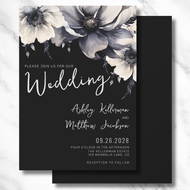 Invitación Elegante Boda Floral Boho Negra (Modern Elegant Script Floral Black White Wedding Invitation)