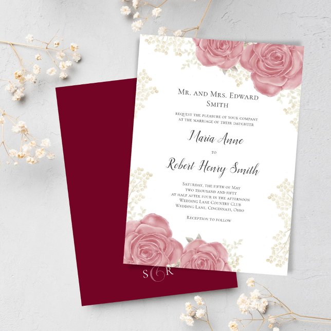 Invitación Elegante Boda Floral Borgoña (Elegant burgundy wedding invitation.)
