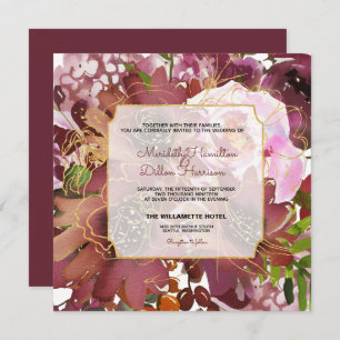 Invitación Elegante Boda Floral Borgoña de Coral de Oro Boho