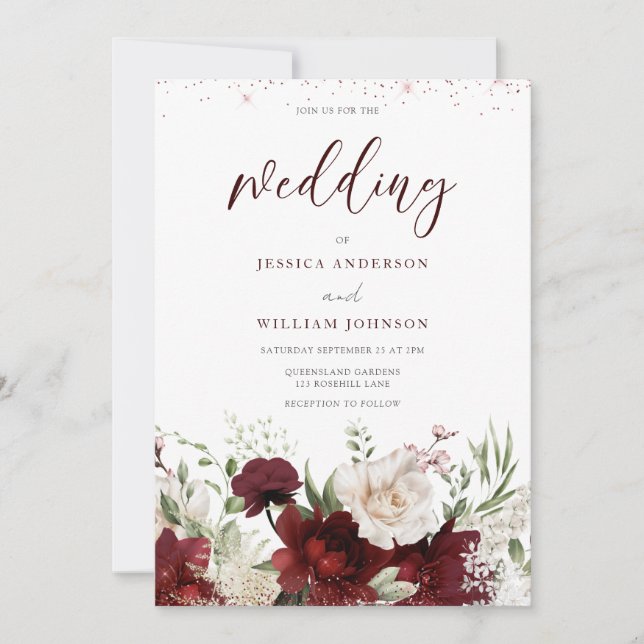 Invitación Elegante Boda floral borgoña roja y blanca Invita (Anverso)
