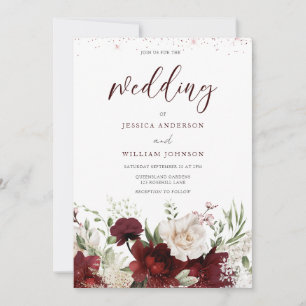 Invitación Elegante Boda floral borgoña roja y blanca Invita