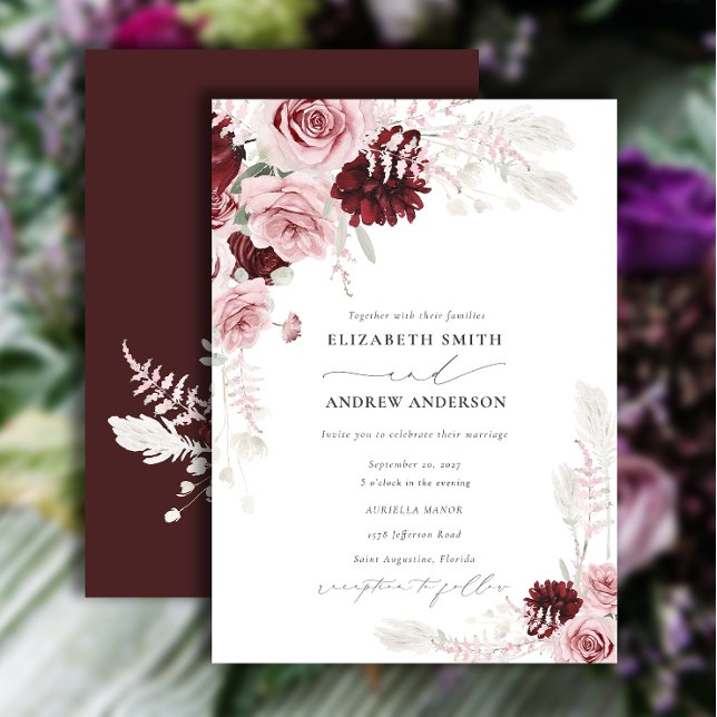 Invitación Elegante Boda floral Borgoña Rubor rosa Roses (Subido por el creador)