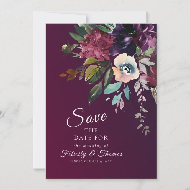Invitación Elegante Boda Floral Borgoña Salva La Fecha (Anverso)