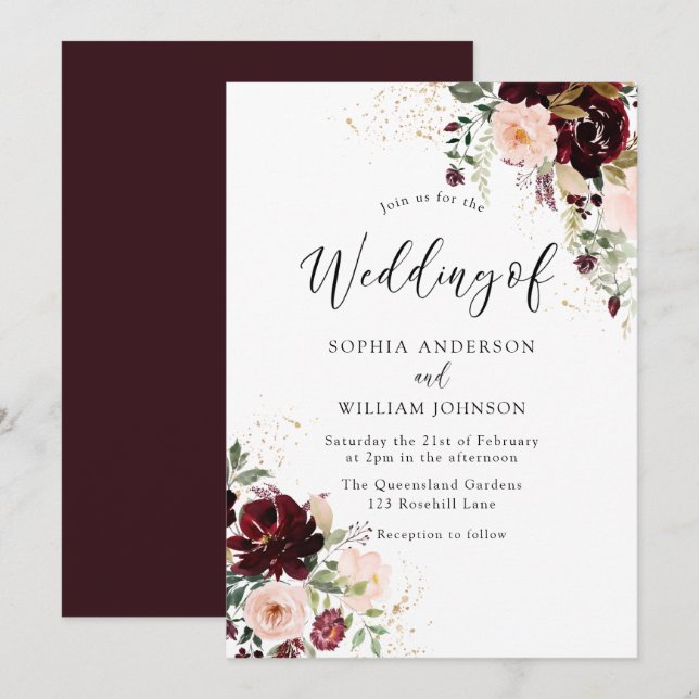 Invitación Elegante Boda Floral Borgoña y Vino Rojo Rubor (Anverso / Reverso)