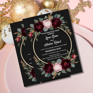 Invitación Elegante Boda floral borgoñona, negra y dorada