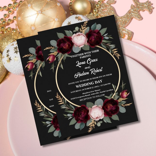Invitación Elegante Boda floral borgoñona, negra y dorada (Subido por el creador)