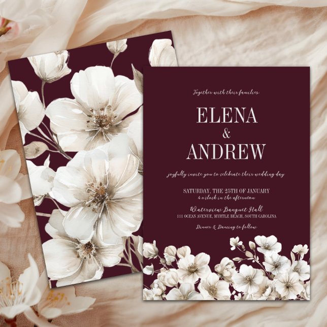 Invitación Elegante Boda floral borgoñona rojo y blanco (Elegant Burgundy & White Floral Wedding Invitation, Winter Wedding, Fall Autumn, Love in Bloom)