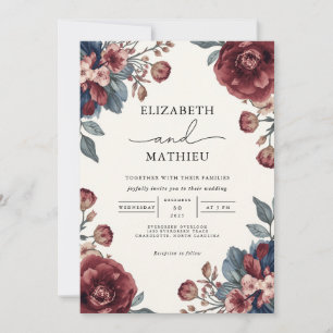 Invitación Elegante Boda floral borgoñona y azul turbio