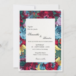 Invitación Elegante Boda Floral Botánica Borgoña y Turquesa