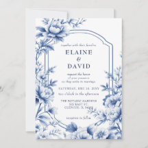 Elegante boda floral botánica de chinoiserie azul