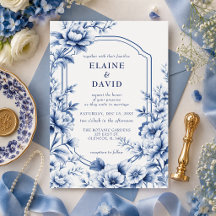 Elegante boda floral botánica de chinoiserie azul