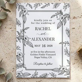 Invitación Elegante Boda Floral Botánica en Blanco y Negro I