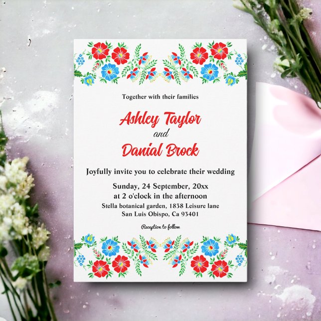 Invitación Elegante Boda Floral Botánico Roses Rojos Azules (Subido por el creador)