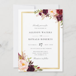 Invitación Elegante boda floral burdeos de marco dorado