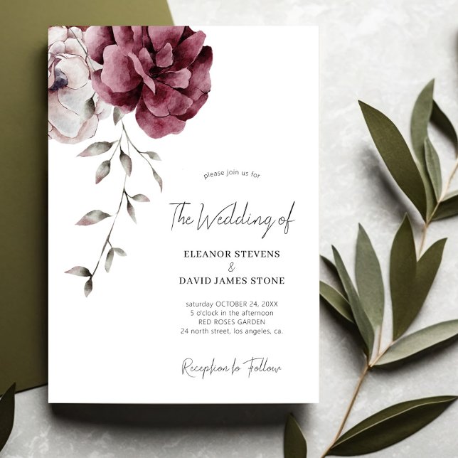 Invitación Elegante boda floral burdeos de otoño (Subido por el creador)