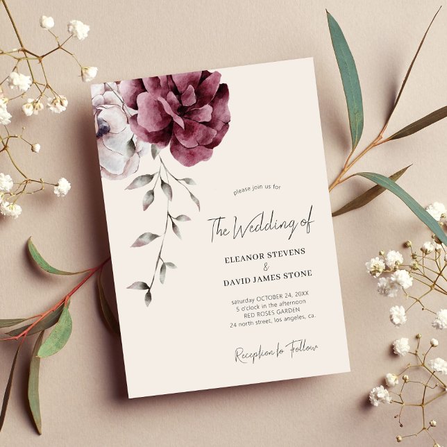 Invitación Elegante boda floral burdeos de otoño (Subido por el creador)