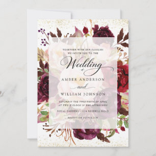 Invitación Elegante Boda Floral Burgundy Oro