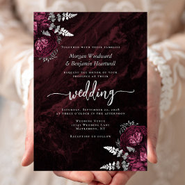 Invitación Elegante Boda Floral Burgundy Plata