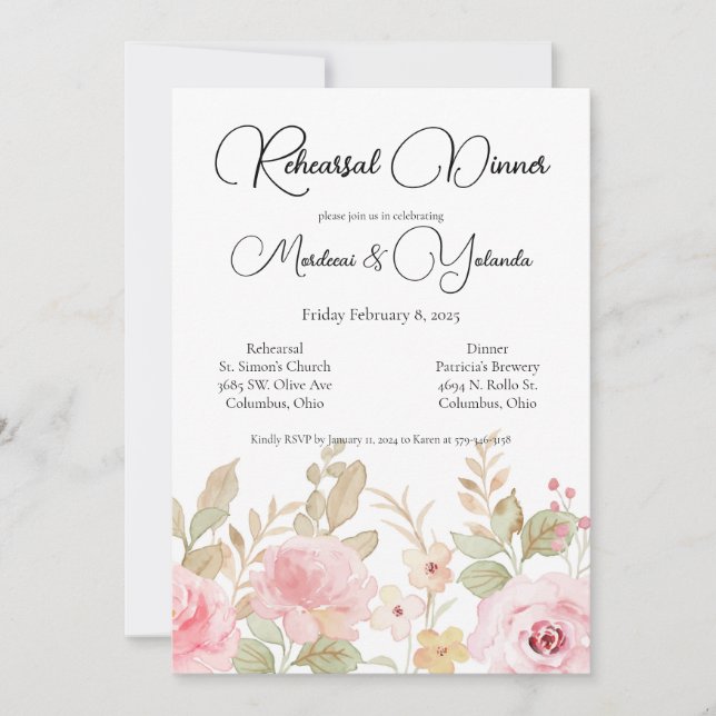 Invitación Elegante Boda Floral Cena de Ensayo (Anverso)