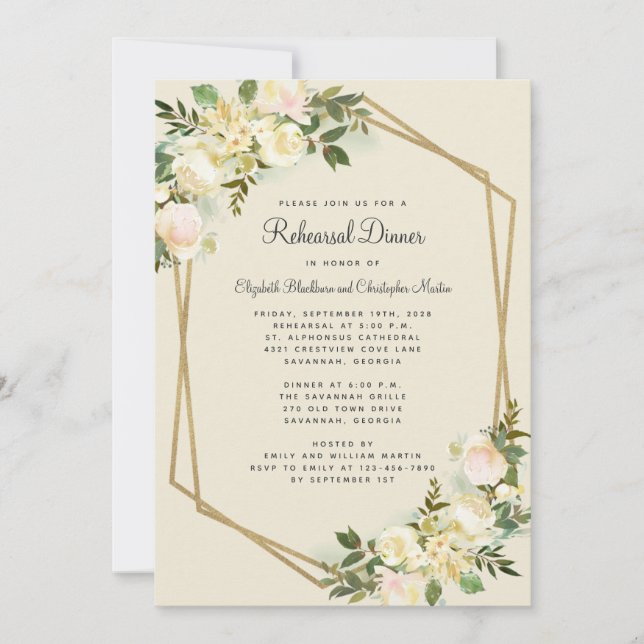 Invitación Elegante Boda Floral Cena de Ensayo de Oro (Anverso)