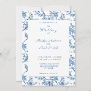 Invitación Elegante boda floral chinoiserie azul