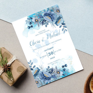 Invitación Elegante Boda Floral Chinoiserie Azul Polvoriento