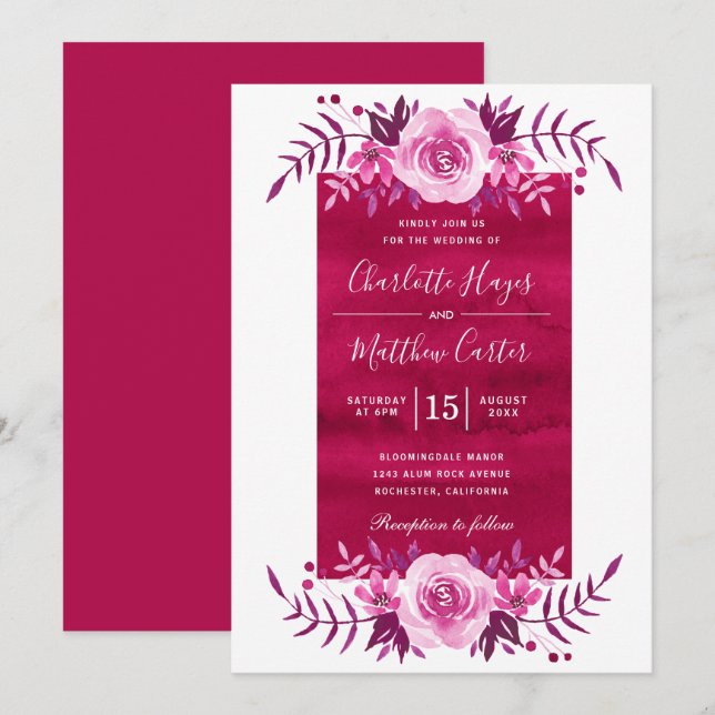 Invitación Elegante Boda floral color agua rosa (Anverso / Reverso)