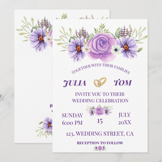 Invitación Elegante Boda floral color púrpura de agua (Anverso / Reverso)