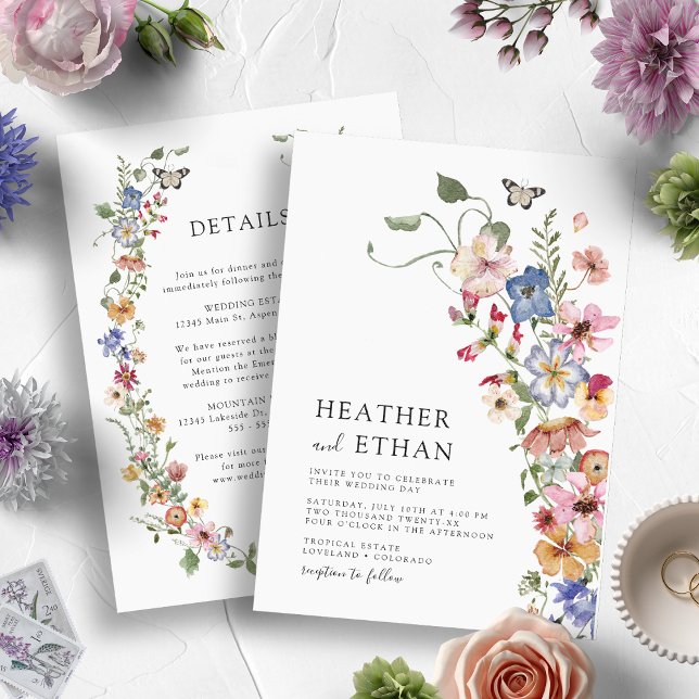 Invitación Elegante Boda Floral Colorida (Watercolor Vintage Colorful Wildflower Wedding Invitation with Details by Painted Paperie)